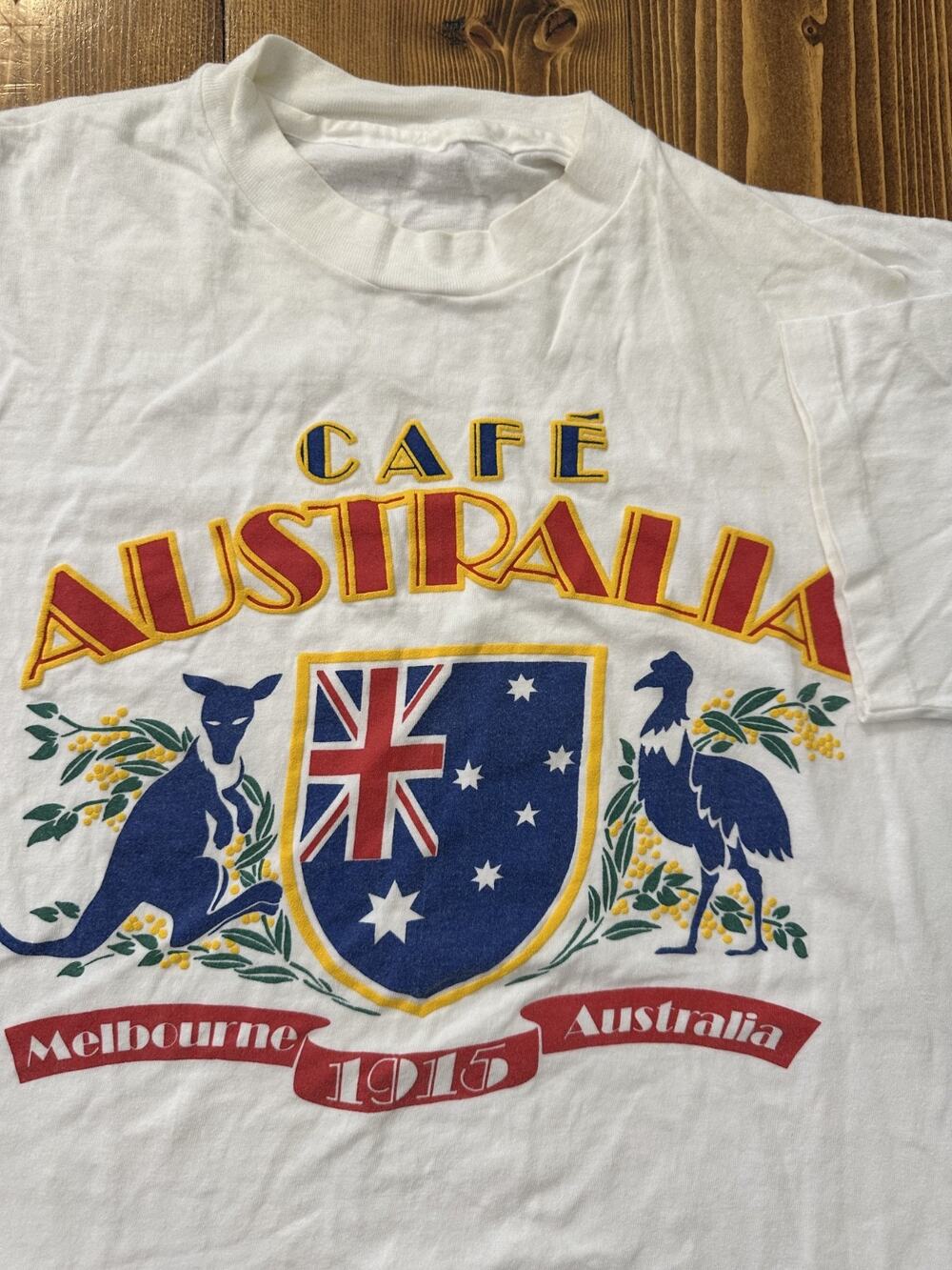Vintage 90s Melbourne Australia Cafe Travel Puff Print XL Single Stitch T-Shirt
